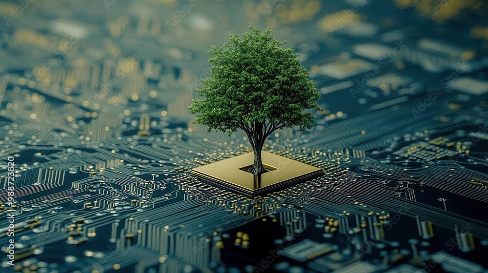 Aufkleber green technology concept majestic tree growing from convergence point of intricate computer circuit 