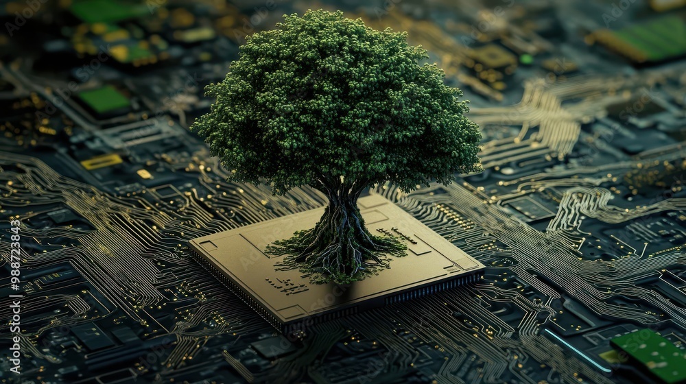 Aufkleber green technology concept majestic tree growing from convergence point of intricate computer circuit 