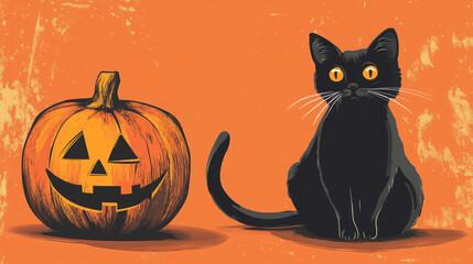 Fototapeta premium A black cat is sitting next to a pumpkin on an orange background. The cat is looking at the camera. The pumpkin has a face drawn on it, which adds a playful
