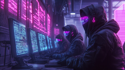 Fototapeta premium Cyberpunk Programmers in Futuristic Hoodies Typing on Monitors in Neon-Lit Room