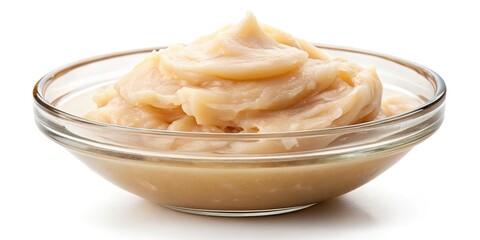 A dollop of unrendered pig fat rests peacefully in a white bowl, its lardous texture glistening in the light.