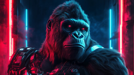 Obraz premium Cyberpunk Gorilla in Futuristic Armor Red and Blue Neon Lights