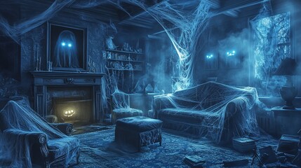 10. Living room turned into a haunted mansion with cobwebs draped over furniture, glowing eyes peeking from dark corners, and a creepy fog filling the air