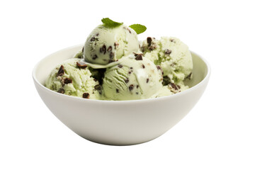 A single, perfectly round scoop of mint chocolate chip ice cream with visible chocolate chunks, Isolated on white background