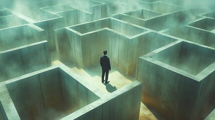 A businessman is seen from a bird’s-eye view, standing small in a giant maze of cubicles