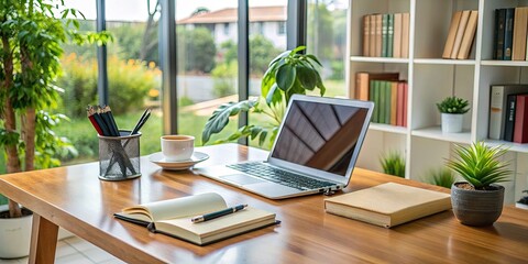 A functional workspace consists of a desk with a laptop, books, pens, and a notebook, optimized for writing and research endeavors with ease.
