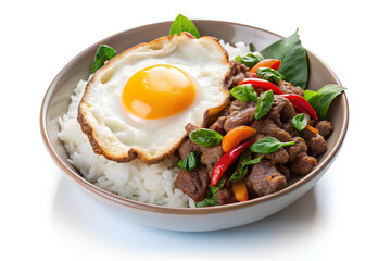 Basil beef sliced with rice, on top fried egg on rice, On isolate white background
