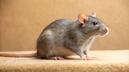 A grey rat sits on a beige surface, its tail curled snugly around its body in a gesture of nervous energy and vulnerability.