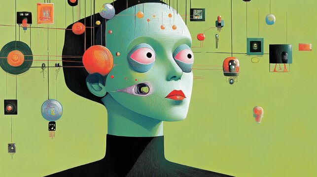 An abstract graphic illustration featuring a surreal humanoid figure interconnected with various floating objects and smaller heads against a muted green backdrop.