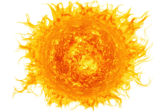 A stunning solar image capturing the sun glowing, textured surface with intricate details of solar activity, isolated on an entirely white background