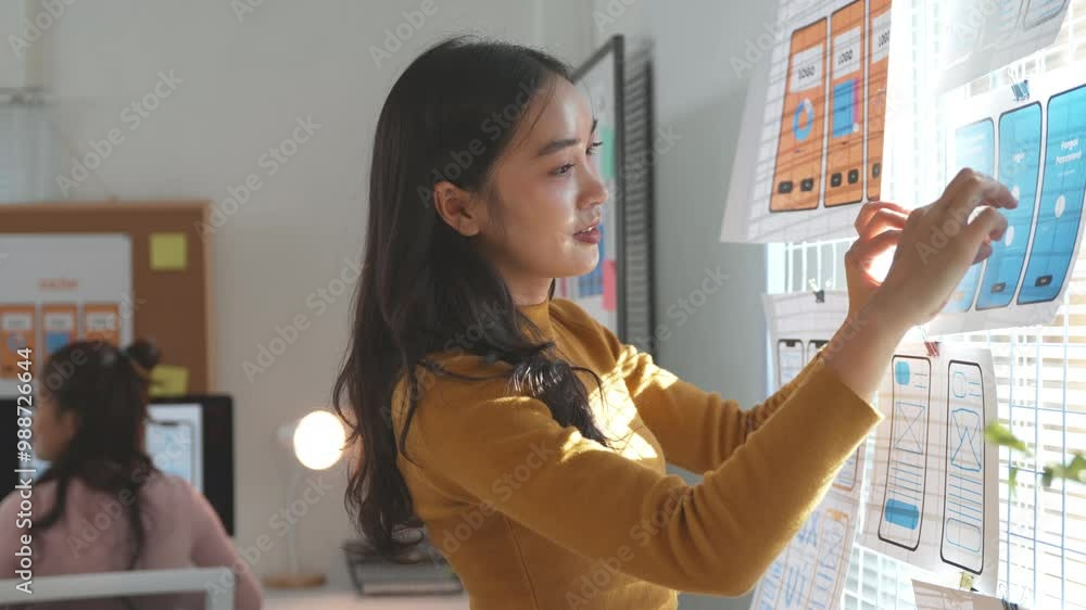 Aufkleber young web designer arranging website layout on planning board in creative office. woman working on u