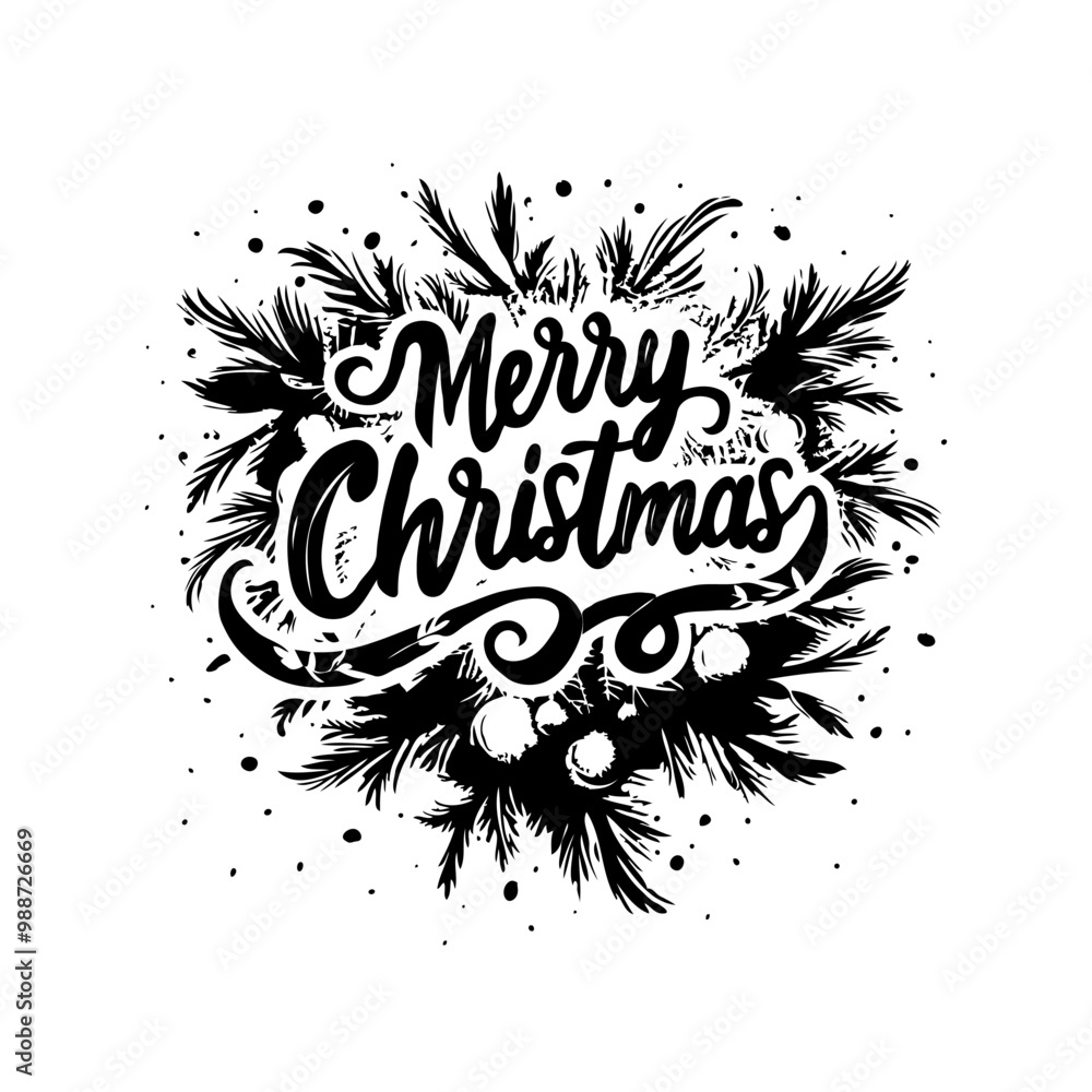 Poster lettering merry christmas is written in a cursive style on a white background. a tree with branches.