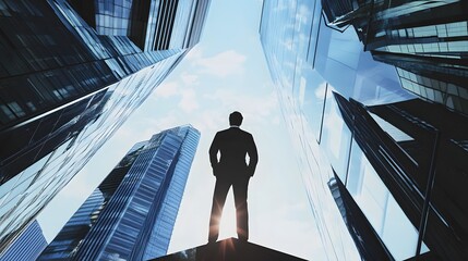 Obraz na płótnie Canvas Silhouette of a businessman standing tall, looking up at the skyscrapers.