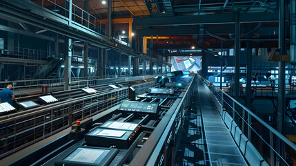 Modern Industrial Factory Interior with Conveyor Belt and Automation System
