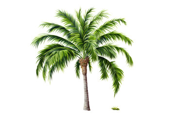 Obraz premium A single palm tree standing tall with a smooth brown trunk and radiating green leaves, perfectly centered on a plain white background