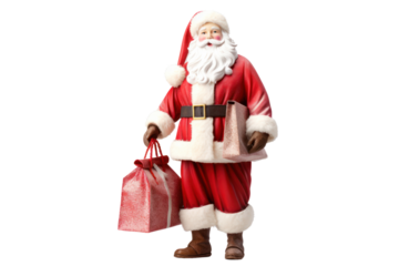 A traditional Santa Claus figurine wearing a red suit with white fur trim, holding a sack of gifts, isolated on a white background