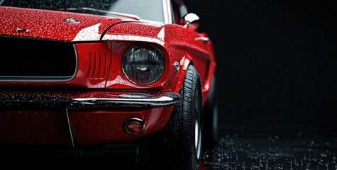 Close-up of a red vintage Mustang front view.