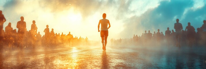 Triumphant Moment, an individual crossing a finish line, embodiment of success, blurred crowd in the background, celebration of achievement