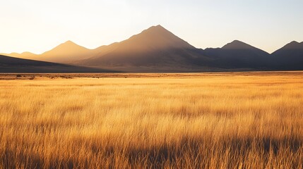 Obraz premium Golden Grass Field with Mountain Range at Sunset
