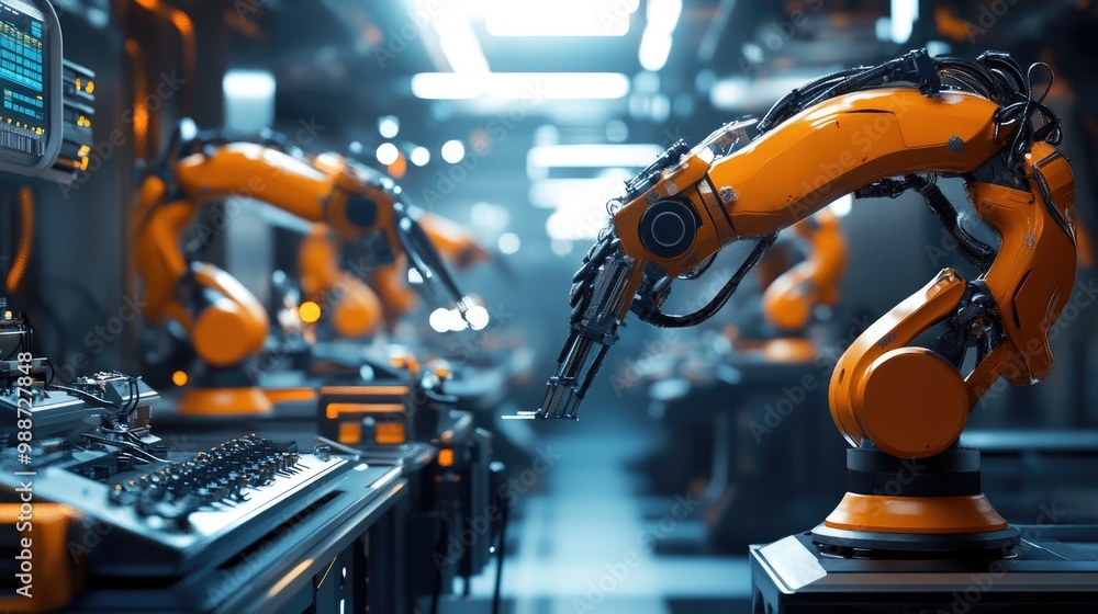 Aufkleber a futuristic factory with advanced robotic systems assembling products, symbolizing the future of au