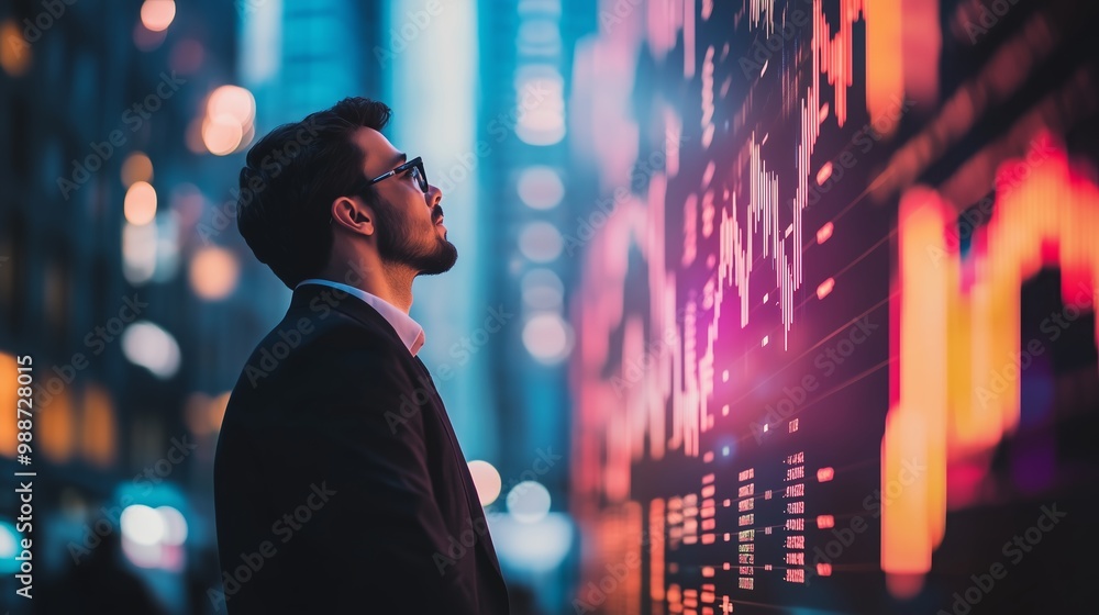 Aufkleber a professional man gazes thoughtfully at data visualizations on a vibrant digital display in an urba