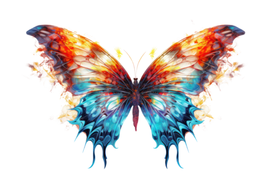 A vibrant digital butterfly with intricate, glowing patterns hovers gracefully in mid-air, set against a clean white background