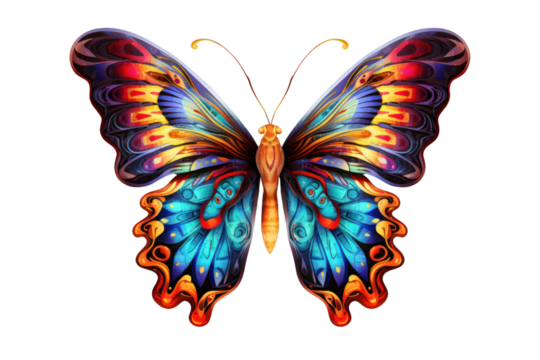A vibrant digital butterfly with intricate, glowing patterns hovers gracefully in mid-air, set against a clean white background