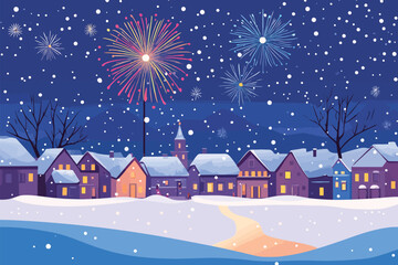 Naklejka premium City covered in snow and foireworks