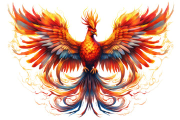 Obraz premium A striking phoenix in mid-flight with a fiery, glowing body and tail, surrounded by a halo of flames. Isolated on white background