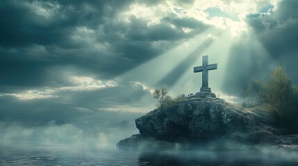 Fototapeta premium Serene Stone Cross in Foggy Landscape - Perfect for Sporty Interiors as a Poster, Capturing Heavenly Light and Tranquil Waters