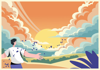 Dream clouds. Scenic landscape. Man looking at nature scenery. Sunset cloudscape. Summer hill meadows. Guy back view. Person watching to horizon. Outdoor walk. Wind blowing leaves. Vector illustration