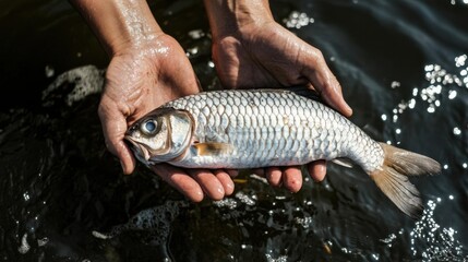 Obraz premium Hands holding a dead fish above polluted waters, symbolizing the devastating impact of pollution on marine life, no blur, photo not dark, everything is clear, copy space