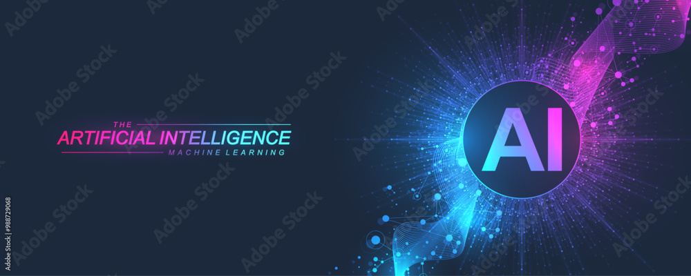 Poster AI Banner Concept In The Digital Style. Generative Ideas Design Element For Internet Technology. Futuristic Technology Concept Artificial Intelligence