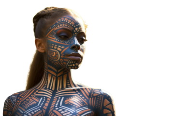 A young woman with intricate tribal face paint standing in a sunlit forest, her eyes focused Isolated on white background