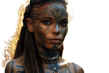 A young woman with intricate tribal face paint standing in a sunlit forest, her eyes focused Isolated on white background