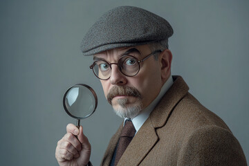 Male detective wearing costume and holding magnifying glass on dark background