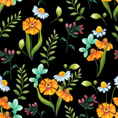 Seamless pattern of flowers on a black background. Watercolor illustration.