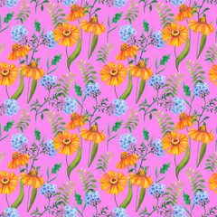 Seamless pattern of wildflowers, daisies and leaves on a pink background. Watercolor illustration.