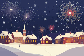 Naklejka premium City covered in snow and foireworks