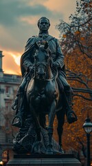 Naklejka premium A statue of a man on a horse in historic attire under a setting sun with autumn trees and street lamps, creating a nostalgic and serene scene.