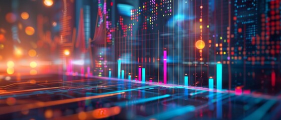 A futuristic cityscape at night with glowing elements like computer chips and colorful lines, creating a vibrant digital interface. The image features blue and orange colors, dark gold buildings,