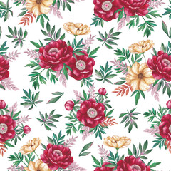 A flower pattern with red and yellow flowers. The background is white. Watercolor illustration.