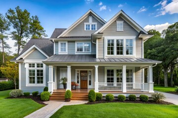 A modern white house exterior features gray accents, large windows, and a spacious front porch, nestled in a charming suburban neighborhood.