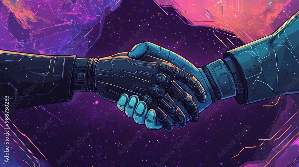 Poster a handshake between human and robot in a data-filled cosmos, highlighting the unity of human intelle