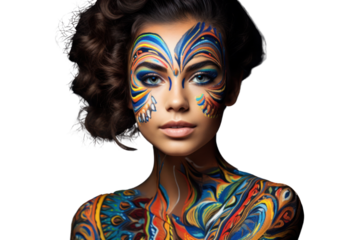 A young woman with vibrant, artistic makeup featuring bold colors and intricate patterns, Isolated on white background