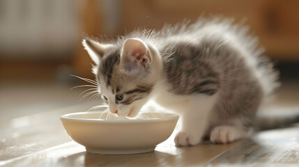 Adorable Kitten Drinking Water from a Bowl