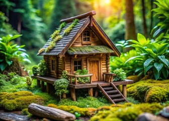 Obraz premium A petite, handcrafted wooden cottage blends seamlessly into its lush surroundings, adorned with whimsical details and a warm, rustic aura that invites cozying up.