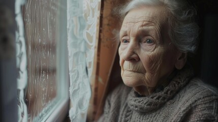 Elderly woman in brown attire gazes out window with gray hair and serious expression, suggesting deep thoughts. Image evokes somber mood against dark sky.