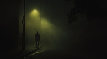 A man is walking down a street at night