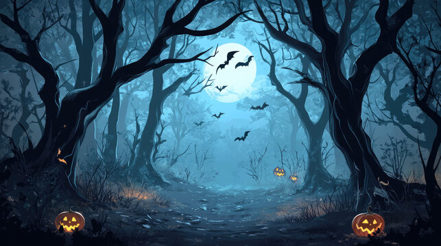 The moonlight barely penetrates the dense canopy of a dark forest, where bats dart through the sky, adding to the chilling and enigmatic vibe of the surroundings.
